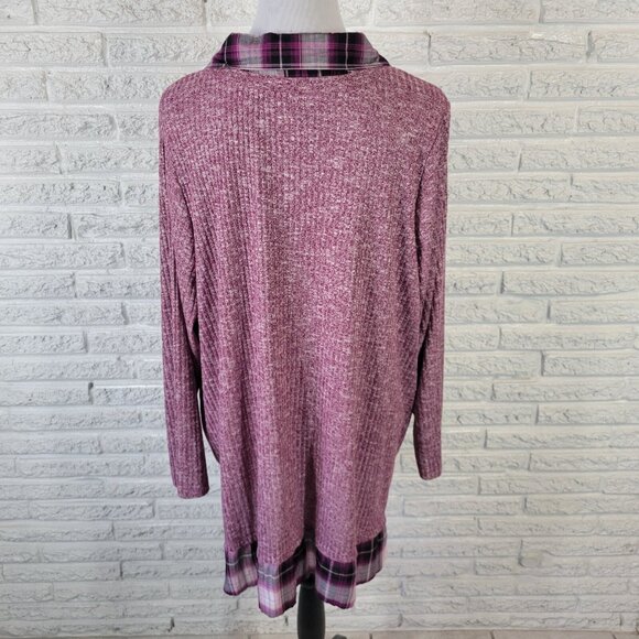Catherines Womens Top 2X Plus Tunic Knit Purple Plaid Collar PLA59E - Picture 6 of 8